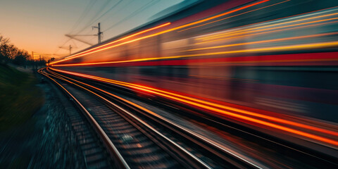 Fototapeta na wymiar Motion blur of a train speeding down the tracks at sunset in a timelapse video recording