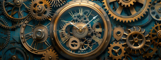Fototapeta na wymiar Gears and mechanisms of a clock. Interlocking gears in perfect harmony, orchestrating the passage of time with mesmerizing precision.