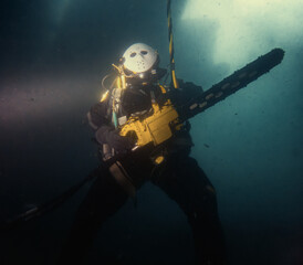 Commercial diver holding chainsaw underwater wearing mask - 751706324