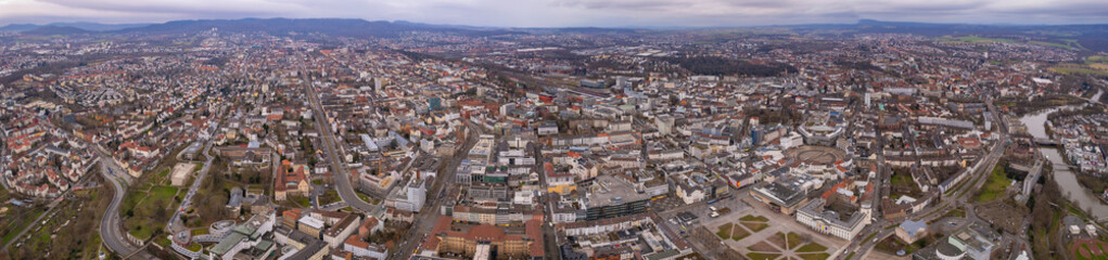 Fototapeta na wymiar Aerial view around the downtown of the city Kassel in Hessen, Germany on a cloudy day in early spring. 