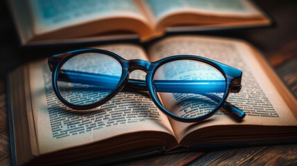 black frame blue light blocking technology anti glare spectacles glasses on brown textured book wooden background