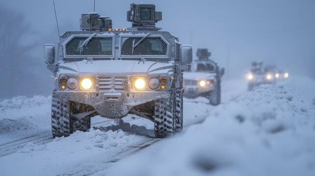A column of armored personnel carriers riding on a winter road, exemplifying military readiness and strategic winter operation.