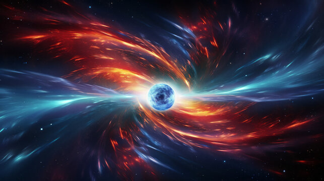 An artist's depiction of a high-energy collision in space, with vivid colors linking the intrinsic power and drama of astronomical events