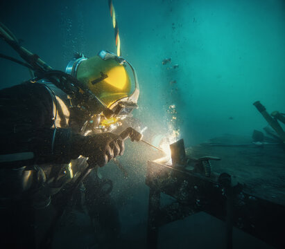 Commercial diver welding underwater at construction site