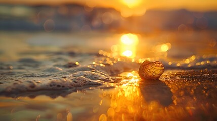 Sunset on sea beach with seashell and water - obrazy, fototapety, plakaty