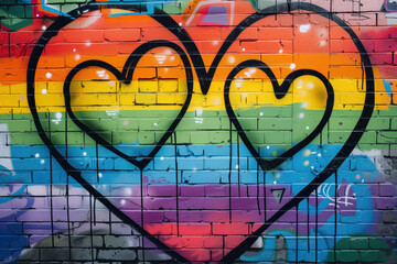 Vibrant graffiti hearts overlapping on a colorful brick wall, representing themes of love, urban art, and LGBTQ pride, suitable for backgrounds, urban lifestyle themes, and LGBTQ related content. High