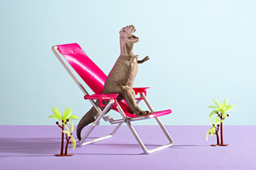 Happy dinosaur sits in beach chair on blue violet background.