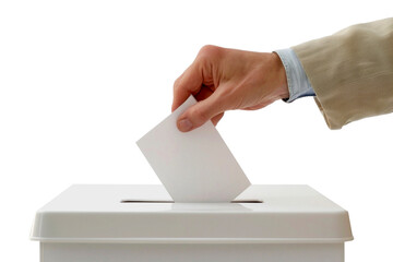 Hand puts a blank ballot paper in a ballot box, presidential election 2024, right side, isolated or white background