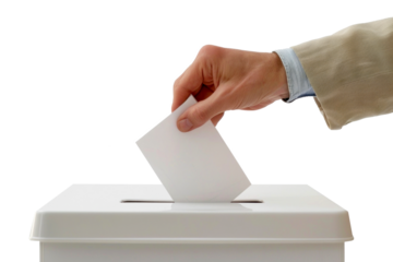 Hand puts a blank ballot paper in a ballot box, presidential election 2024, right side, isolated or white background