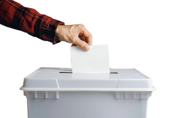 Hand puts a blank ballot paper in a ballot box, presidential election 2024, left side, isolated or white background