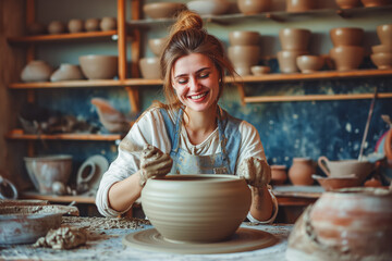 A happy smiling woman ceramist works behind a potter's wheel in a pottery workshop. Hobby and creativity concept.