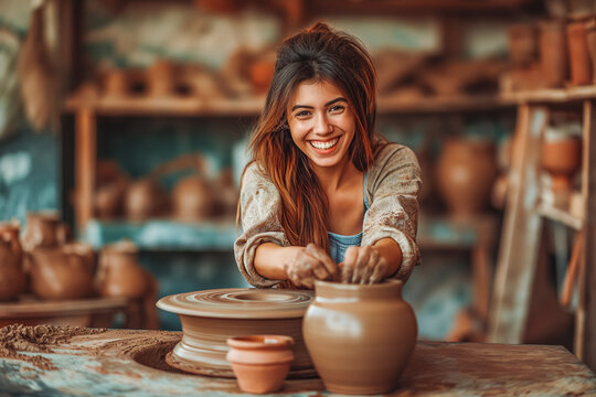 A happy smiling woman ceramist works behind a potter's wheel in a pottery workshop. Hobby and creativity concept.