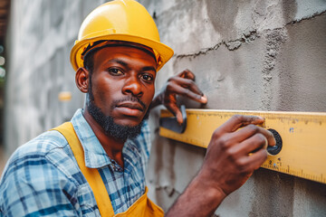 African male worker checking level of the wall with the bubble level tool. - obrazy, fototapety, plakaty