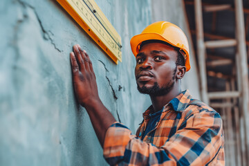 African male worker checking level of the wall with the bubble level tool. - obrazy, fototapety, plakaty