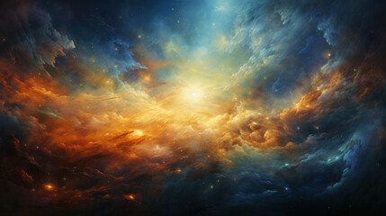 Fototapeta premium A stunning image featuring a display of cosmic clouds and nebulas with a central bright light source, exuding a sense of wonder and the vastness of space