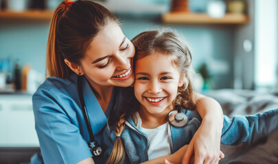 Happy child hugs doctor. Happy, smiling woman pediatrician in uniform and little girl patient sitting on couch at home and hugging. - obrazy, fototapety, plakaty