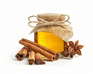 A glass jar with honey covered with a piece of cloth and tied with natural rope. Cinnamon pieces and anise stars. White background - obrazy, fototapety, plakaty