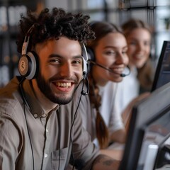 Happy Multicultural Office Workers with Headphones