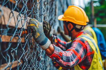 Man workers wearing safety helmets and gloves install chain wire mesh fence.