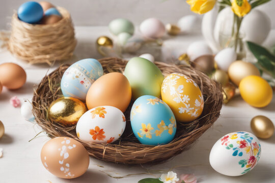 Beautiful Easter background with gold and colored Easter eggs on table. Top view, flat style.