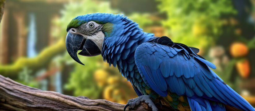 The blue parrot sits regally on wooden branch