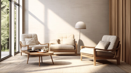 A stylish living area with an eco-friendly loveseat, armchairs and end table made from natural fabrics