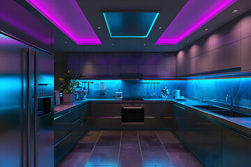 modern dark kitchen with blue und purple led lights - obrazy, fototapety, plakaty