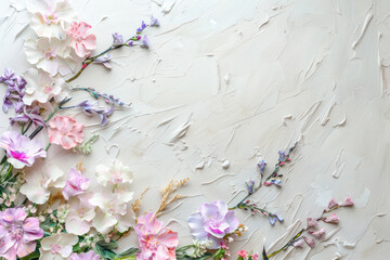 Minimalist hand painted wall art pastel colored flower composition on bone background.