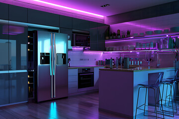 modern dark kitchen with blue und purple led lights - obrazy, fototapety, plakaty