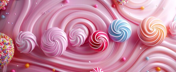 Fototapeta na wymiar An enchanting swirl of marshmallow twists, adorned with colorful candy beads, nestles in a creamy pink landscape, inviting sweet indulgence.