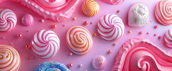 Küchenrückwand glas motiv An enchanting swirl of marshmallow twists, adorned with colorful candy beads, nestles in a creamy pink landscape, inviting sweet indulgence. © BackgroundWorld