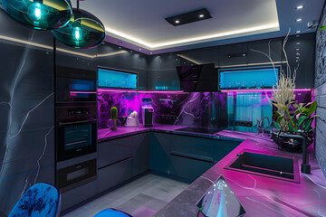 modern dark kitchen with blue und purple led lights