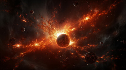 Obraz premium An intense illustration of a cosmic explosion with planets engulfed in flames, depicting a dynamic and catastrophic event
