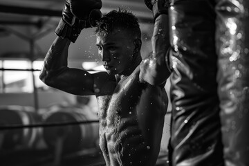 A man boxing with a gloves and a bag, using a gym and a trainer. - obrazy, fototapety, plakaty