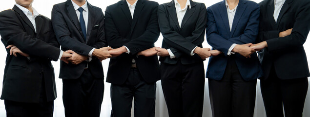 Panoramic banner business team standing in line and join hand together symbolize successful...