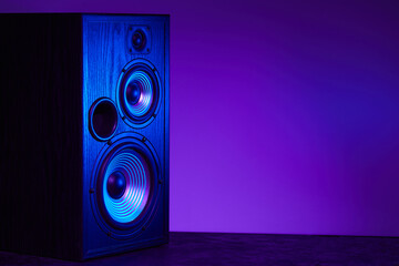 Sound speaker in neon light. Modern hi-fi loudspeaker against black background. Sound audio...