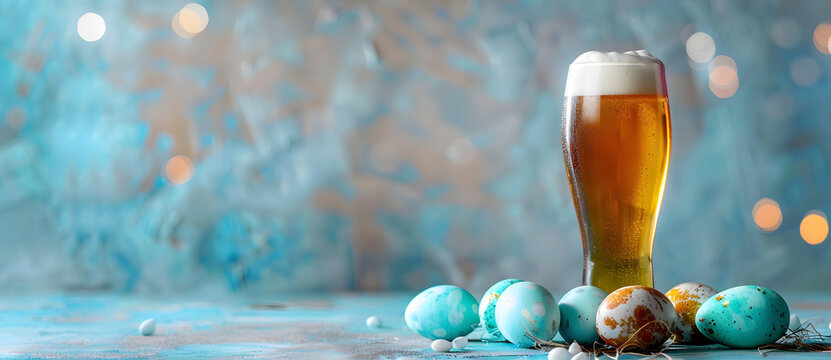 glass of beer next to easter eggs on a blue background, extra copy space