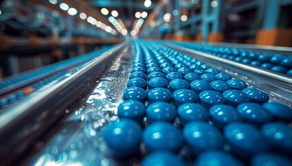 An electric blue conveyor belt filled with liquid blue balls is part of the mass production line in...