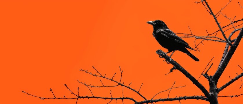 a black bird sitting on a branch of a tree with an orange sky in the backgrounnd of the picture.