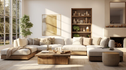A stylish living room with a sustainable sectional, armchairs and end table crafted from organic materials