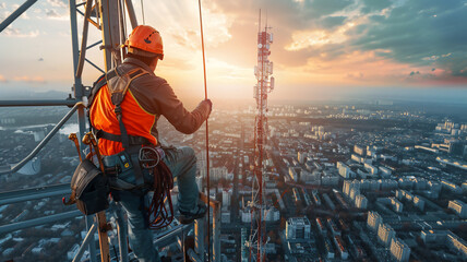 engineer wearing safety gear working at top of signal antenna.Working at height. - obrazy, fototapety, plakaty