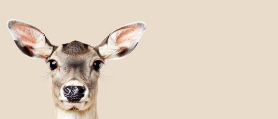 a close up of a deer's face on a beige background with a black spot in the middle of the antelope's ear.