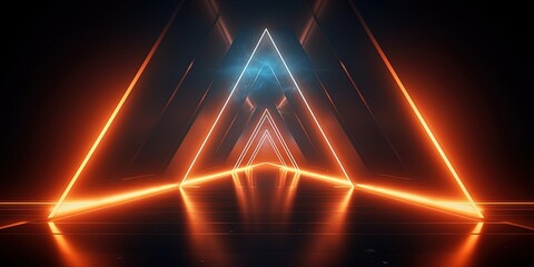 Neon light abstract background. Triangle tunnel or corridor sepia colors neon glowing lights. Laser...