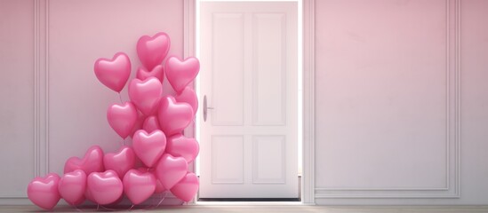 Pink heart balloons coming out of door