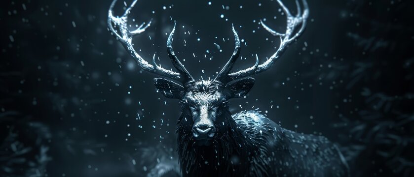 a close up of a deer with antlers on it's head and snow falling down on the ground.