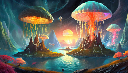 Abstract illustration with beautiful glowing jellyfish - obrazy, fototapety, plakaty
