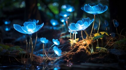 Bioluminescent flora brightens hidden oasis. - obrazy, fototapety, plakaty