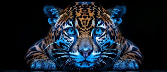 a close up of a tiger's face on a black background with a blue light coming from its eyes.