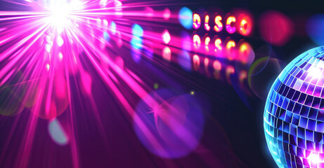 Shining disco ball with vibrant neon lights, dance party atmosphere background