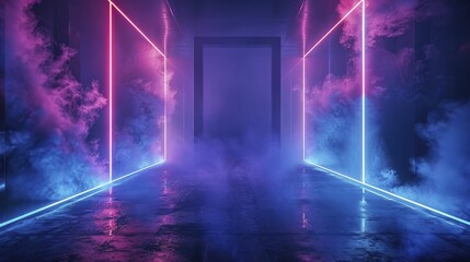 Cool dark blue studio with neon outlines and smoke trails, ideal setup for showcasing tech gadgets. - obrazy, fototapety, plakaty